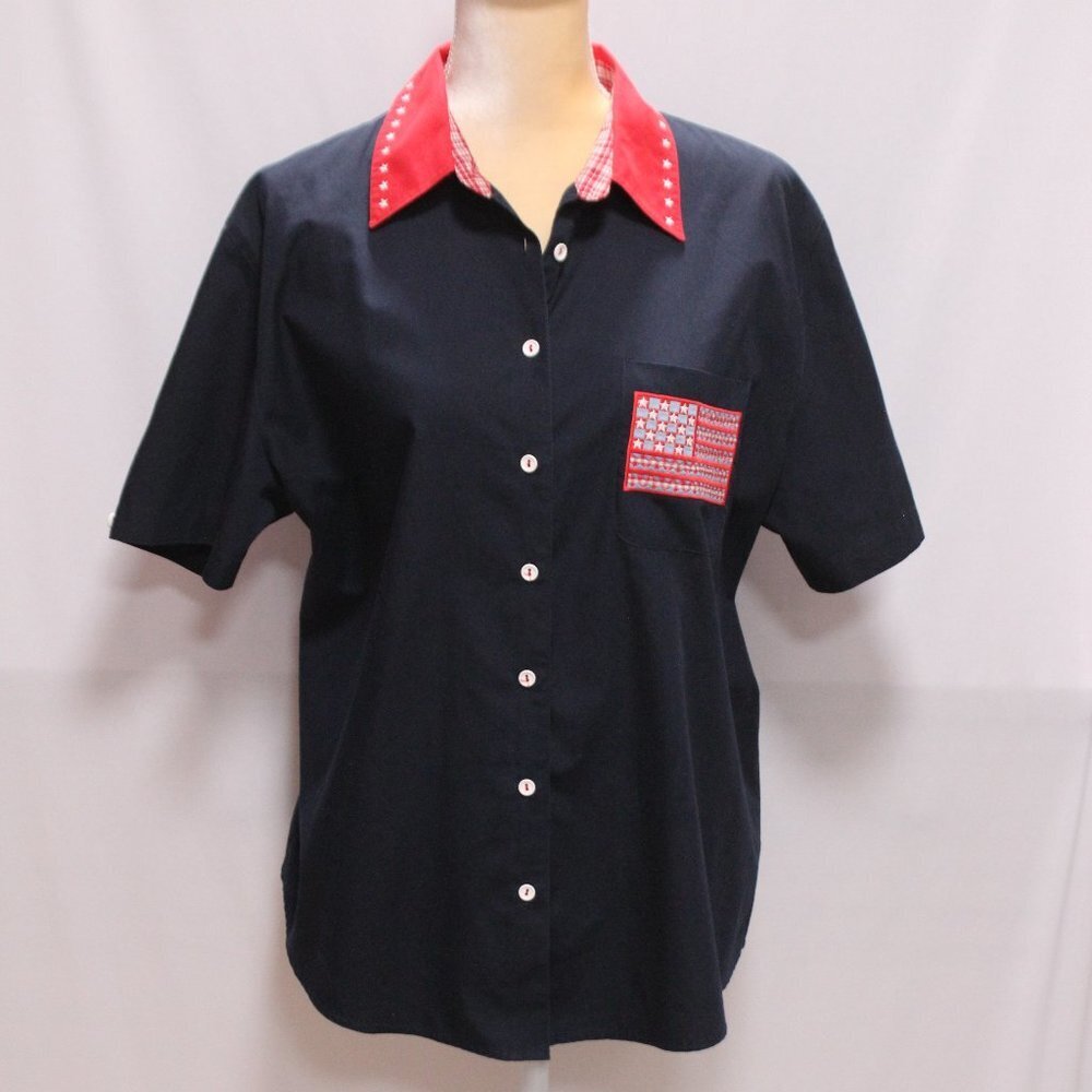 Karen Scott Sport Red White and Navy Blue Short Sleeve Top